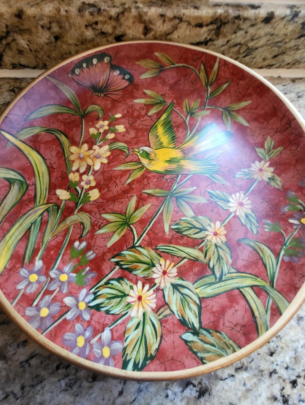 Raymond Waiters Decorative Red Floral & Bird Wall Plate - Home Art